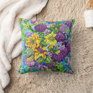 Cojín Decorativo Patrón de flores del Jardín Verde Azul Amarillo Li