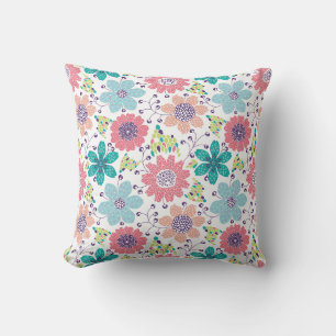 Cojín Decorativo Patrón de flores multicolor fondo blanco