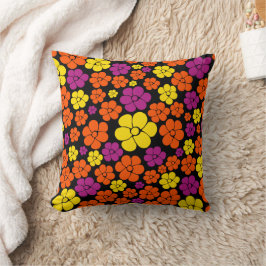 Cojín Decorativo Patrón de flores - negro, rosa, Naranja y amarillo