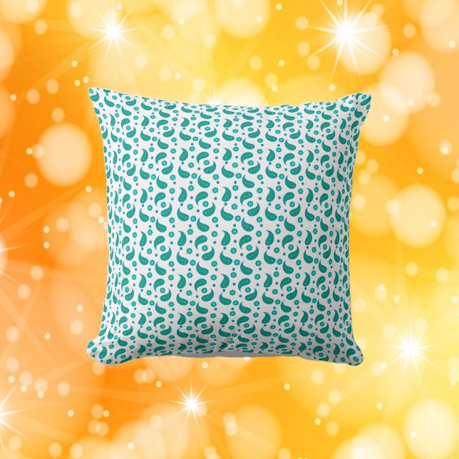 Cojín Decorativo Patrón de flores paisley con lunares verde azul (A pillow with a pattern of paisley, flowers and polka dots in green and blue)