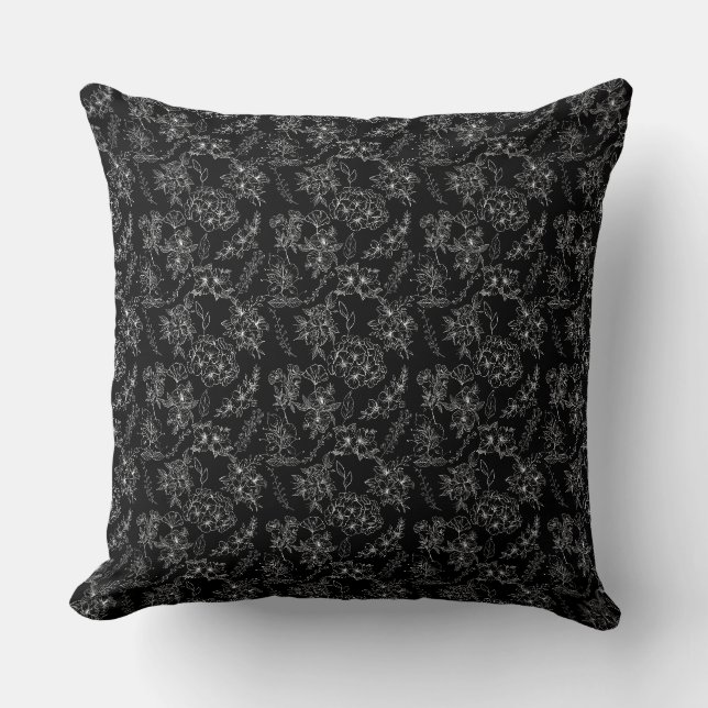 Cojín Decorativo Patrón de flores planas 01b Negro BG (Anverso)