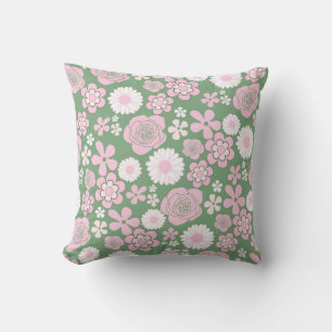 Cojín Decorativo Patrón de flores retro verde rosa blanco Y2K 70s