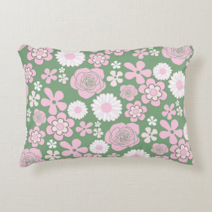 Cojín Decorativo Patrón de flores retro verde rosa blanco Y2K 70s