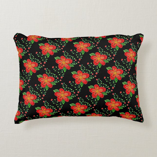 Cojín Decorativo Patrón de flores rojas (Anverso)
