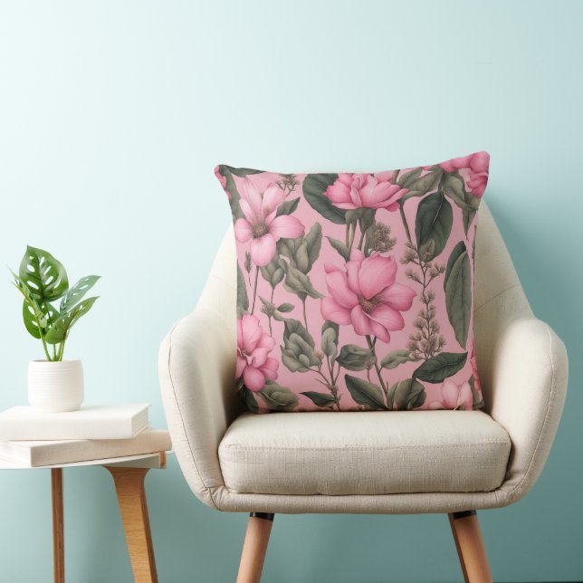 Cojín Decorativo Patrón de flores rosadas botánicas (Silla)