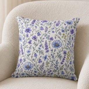 Cojín Decorativo Patrón de flores silvestres acuarela púrpura azul