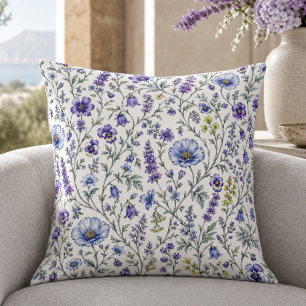 Cojín Decorativo Patrón de flores silvestres acuarela púrpura azul