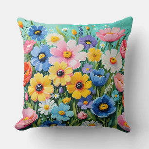 Cojín Decorativo Patrón de flores vibrantes de primavera en acuarel
