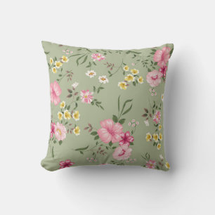Cojín Decorativo Patrón de flores vintage sin foco sobre fondo verd