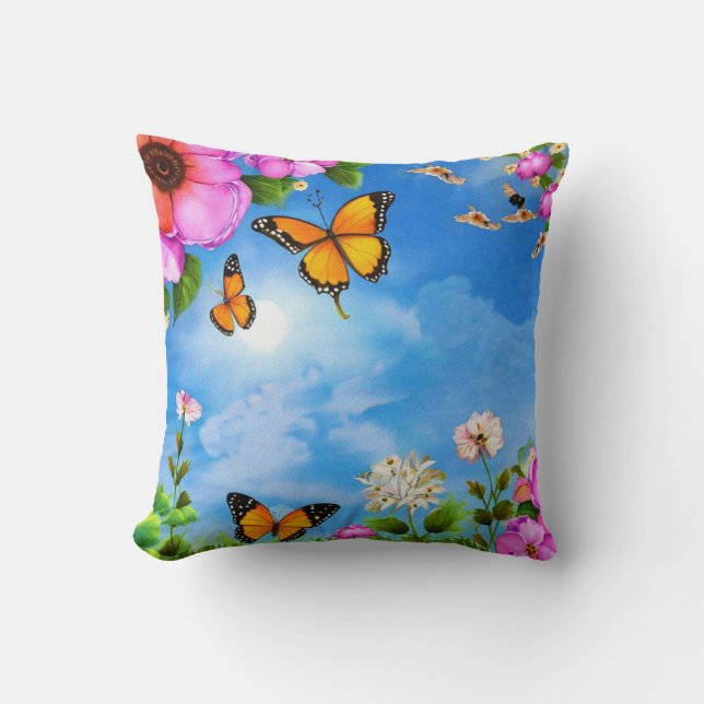 Cojín Decorativo Patrón de flores y mariposas (Anverso)
