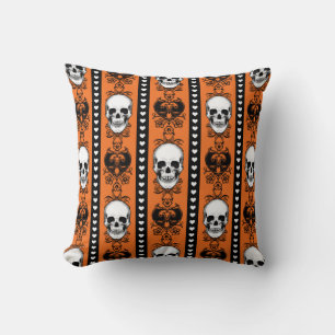 Cojín Decorativo Patrón de franja de cráneo barroco naranja negro