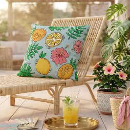Cojín Decorativo Patrón de frutas tropicales de piña y hibisco cítr