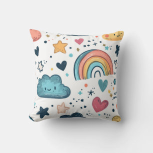 Cojín Decorativo Patrón de garabatos arcoiris con nubes y estrellas