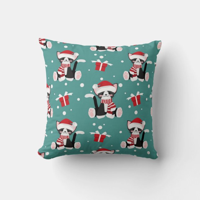 Cojín Decorativo Patrón de gatito negro de Navidad (Anverso)