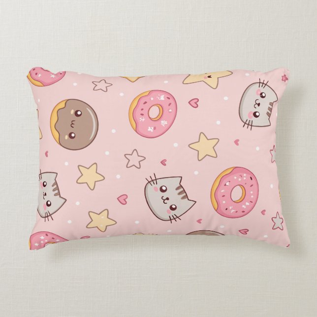 Cojín Decorativo Patrón de gato kawaii, donut y estrella  (Anverso)