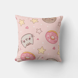Cojín Decorativo Patrón de gato kawaii, donut y estrella 