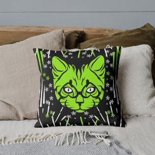 Cojín Decorativo Patrón de gato moderno negro lima personalizado bl