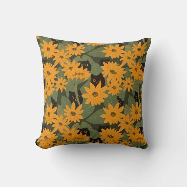 Cojín Decorativo Patrón de gato y girasol negro sin foco (Anverso)