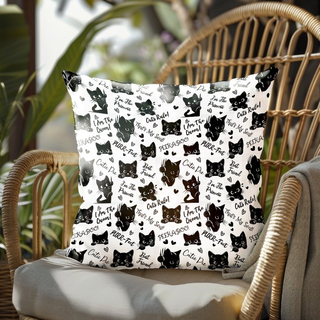 Cojín Decorativo Patrón de gatos y dichos negros (Cute Black Cats and Sayings with Hearts Pattern for Cat Lovers and Halloween Throw Pillow)