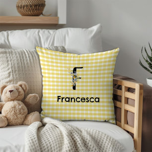 Cojín Decorativo Patrón de gingham de flor de acuarela inicial de m
