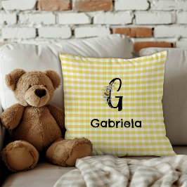 Cojín Decorativo Patrón de gingham de flor de acuarela inicial de m