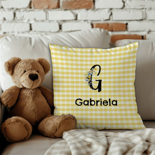 Cojín Decorativo Patrón de gingham de flor de acuarela inicial de m