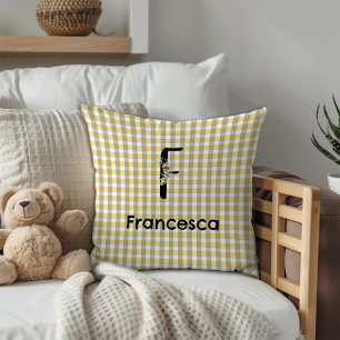 Cojín Decorativo Patrón de gingham de flor de monograma amarillo gr