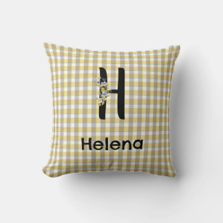 Cojín Decorativo Patrón de gingham de flor de monograma amarillo gr