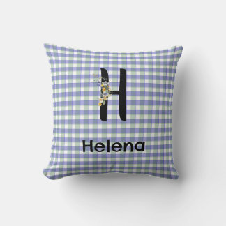 Cojín Decorativo Patrón de gingham de flor de monograma azul verde