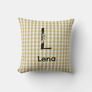 Cojín Decorativo Patrón de gingham de flores con monograma amarillo