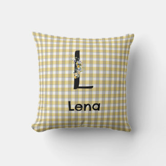 Cojín Decorativo Patrón de gingham de flores con monograma amarillo