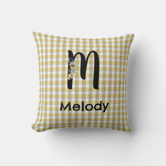 Cojín Decorativo Patrón de gingham de flores con monograma amarillo