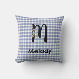 Cojín Decorativo Patrón de gingham de flores con monograma azul ver