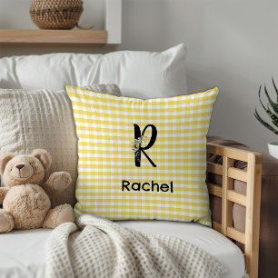 Cojín Decorativo Patrón de gingham de flores de acuarela con inicia