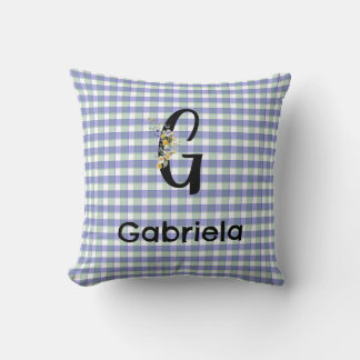 Cojín Decorativo Patrón de gingham de flores monograma azul verde