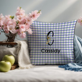 Cojín Decorativo Patrón de gingham de flores monograma azul verde