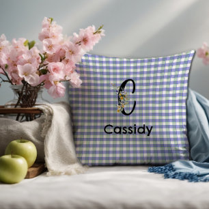 Cojín Decorativo Patrón de gingham de flores monograma azul verde