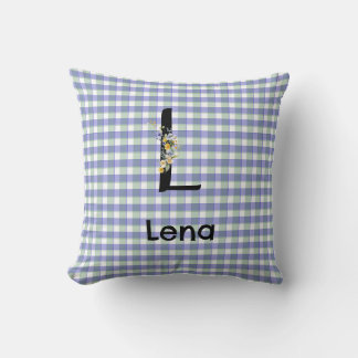 Cojín Decorativo Patrón de gingham de flores monograma azul verde