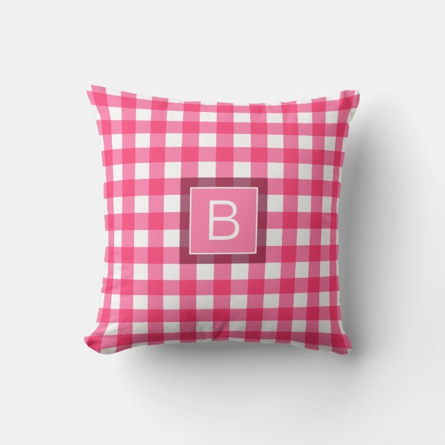 Cojín Decorativo Patrón de Gingham Monograma Blanco Rosa Personaliz (Anverso)
