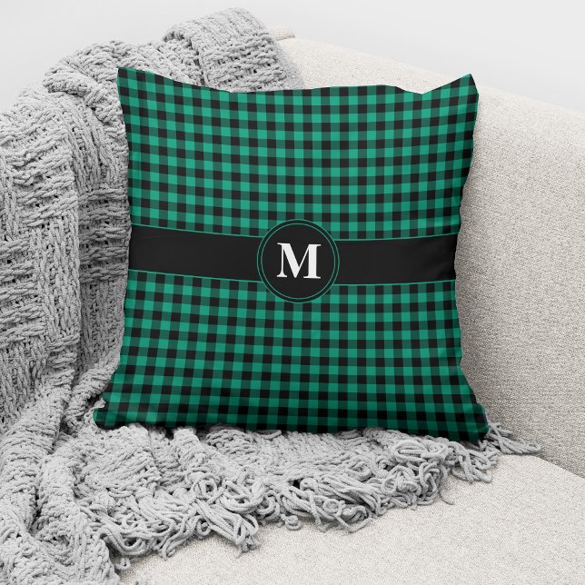 Cojín Decorativo Patrón De Gingham Verde Y Negro Monogramado (Subido por el creador)