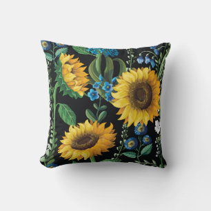 Cojín Decorativo Patrón de girasol de fondo negro