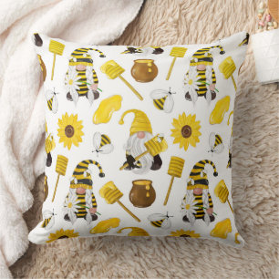 Cojín Decorativo Patrón de Gnomos de Abejorro y Girasoles