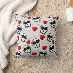 Cojín Decorativo Patrón de Halloween Skulls y Red Hearts