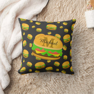 Cojín Decorativo Patrón de hamburguesa divertido y genial Monograma