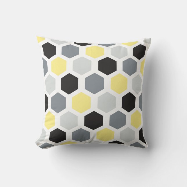 Cojín Decorativo Patrón de hexágono amarillo retro, negro y gris (Anverso)