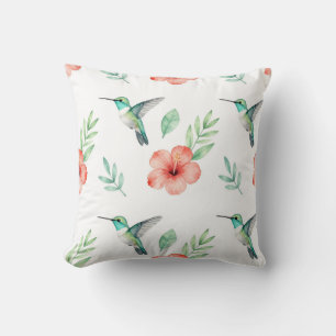 Cojín Decorativo Patrón de Hibisco Colibrí Turquesa