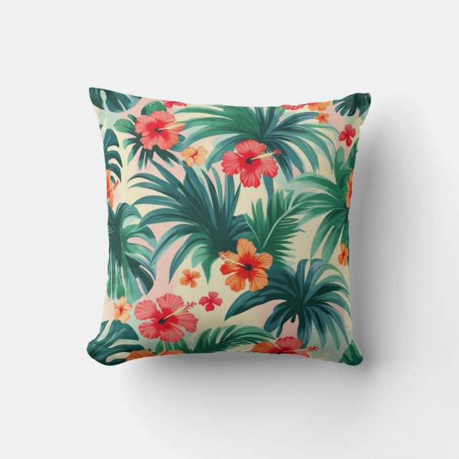 Cojín Decorativo Patrón de hibiscos tropicales y hojas de palma (Anverso)
