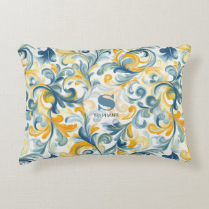 Cojín Decorativo Patrón de hoja azul y paisley dorada