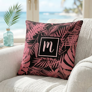 Cojín Decorativo Patrón de hoja de palma rosa monograma escritura m