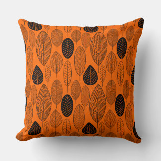Cojín Decorativo Patrón de hoja - Negro sobre Naranja